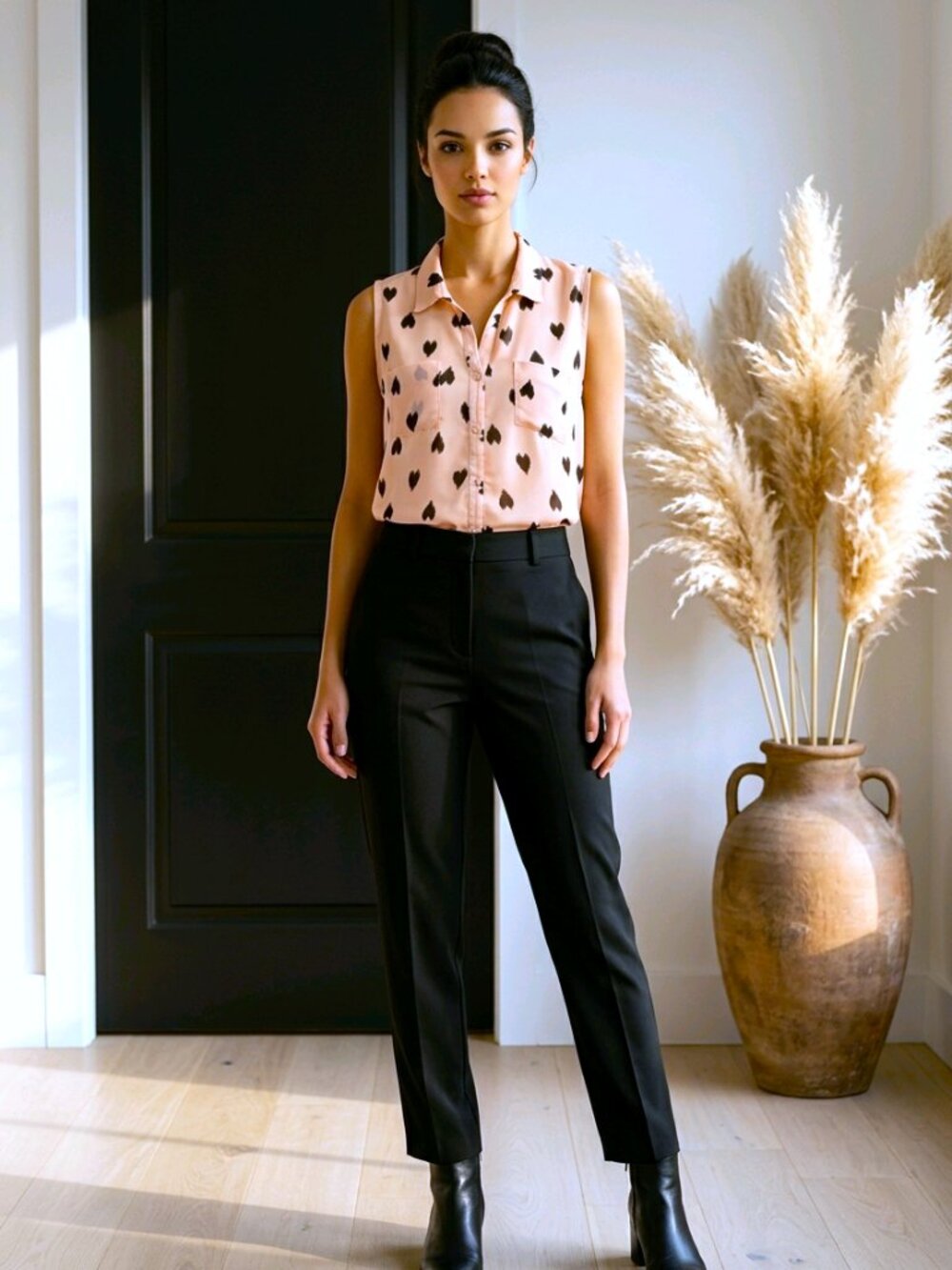 Fun & Flirt Pink with Black Heart Design Button Down Sleeveless Flirty Blouse